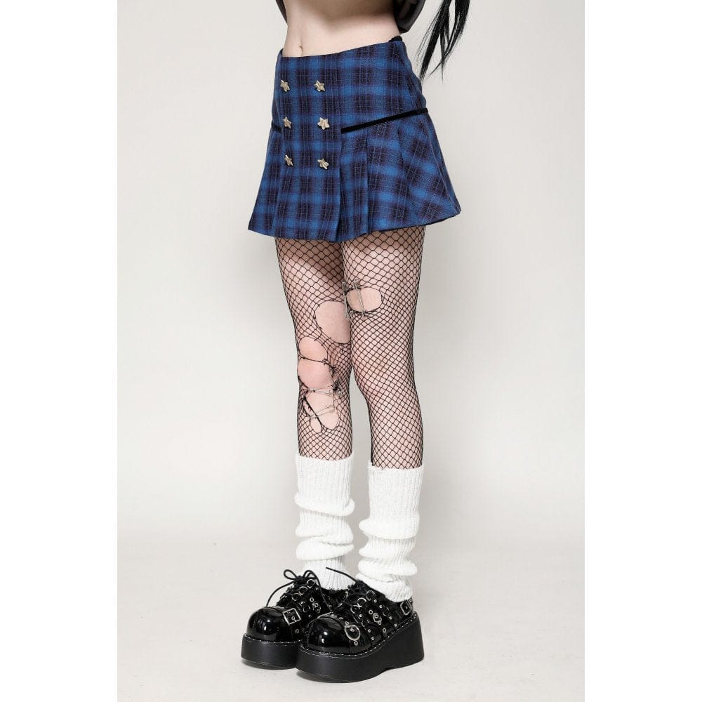 Darkinlove Women's Grunge Stars Plaid Short Skirt Blue