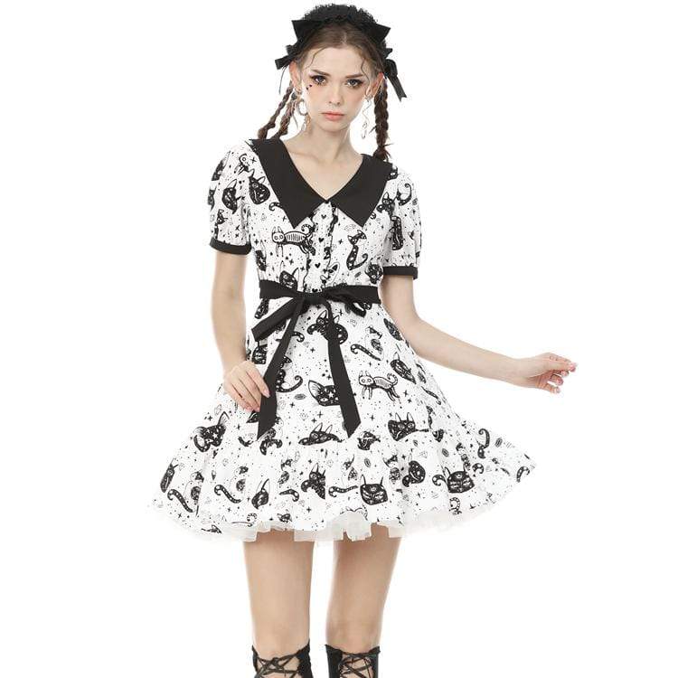 Darkinlove Women's Lolita Cat Printed Peter Pan Collar Short Dresses with Belt