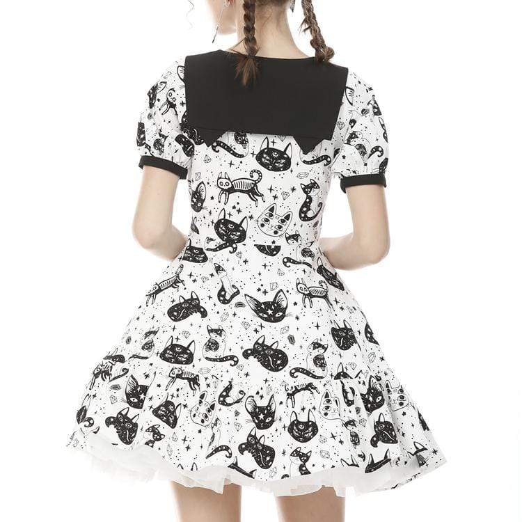 Darkinlove Women's Lolita Cat Printed Peter Pan Collar Short Dresses with Belt