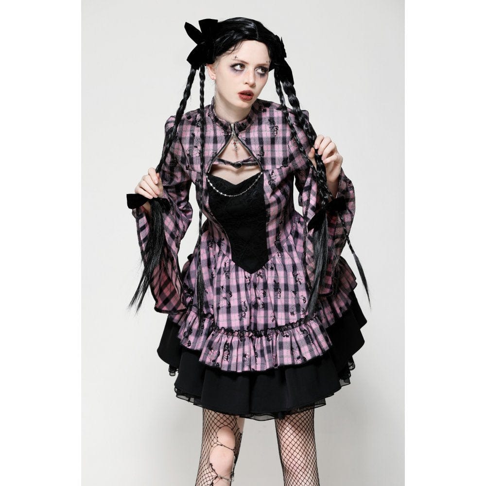 Darkinlove Women's Lolita Contrast Color Ruffled Plaid Homecoming Dress
