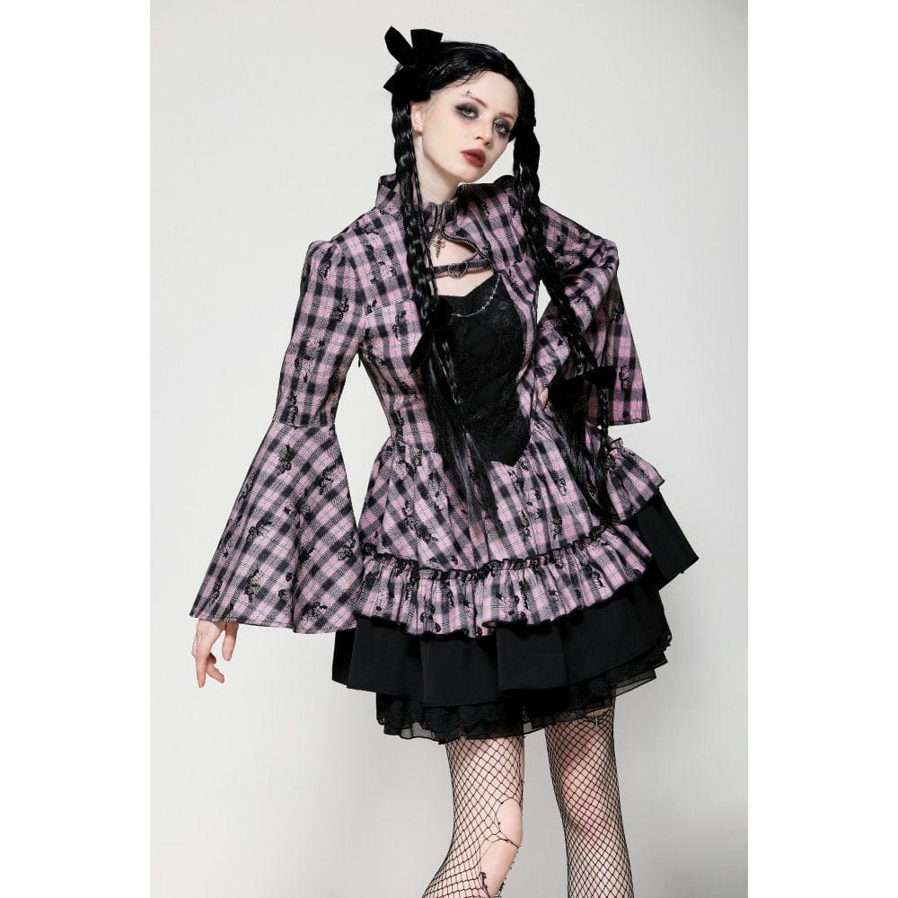 Darkinlove Women's Lolita Contrast Color Ruffled Plaid Homecoming Dress