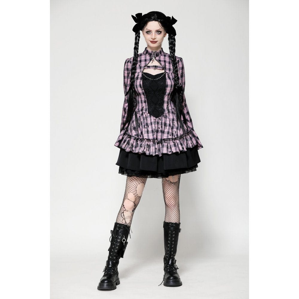 Darkinlove Women's Lolita Contrast Color Ruffled Plaid Homecoming Dress