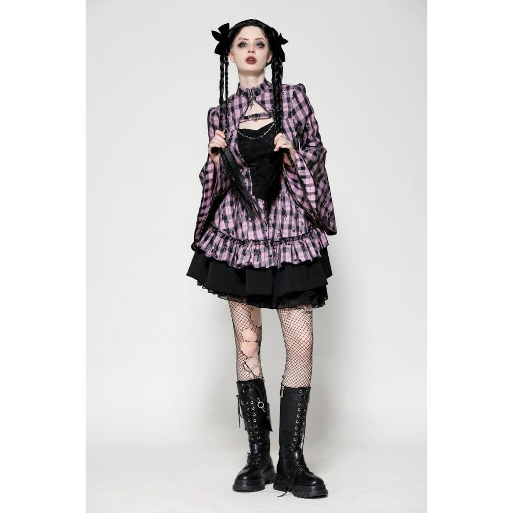 Darkinlove Women's Lolita Contrast Color Ruffled Plaid Homecoming Dress