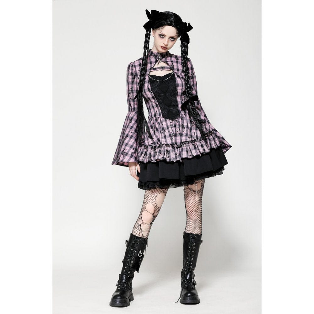 Darkinlove Women's Lolita Contrast Color Ruffled Plaid Homecoming Dress