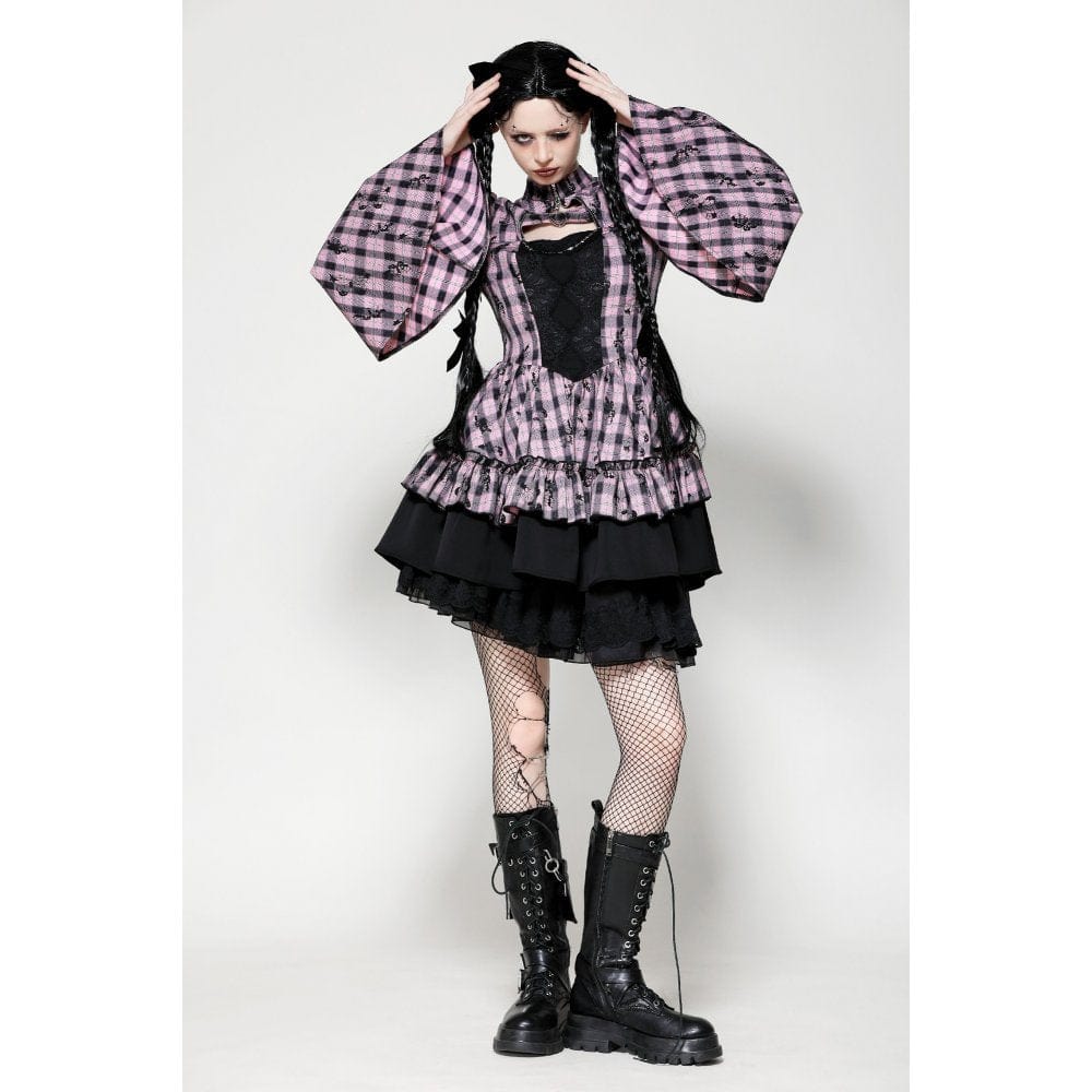 Darkinlove Women's Lolita Contrast Color Ruffled Plaid Homecoming Dress
