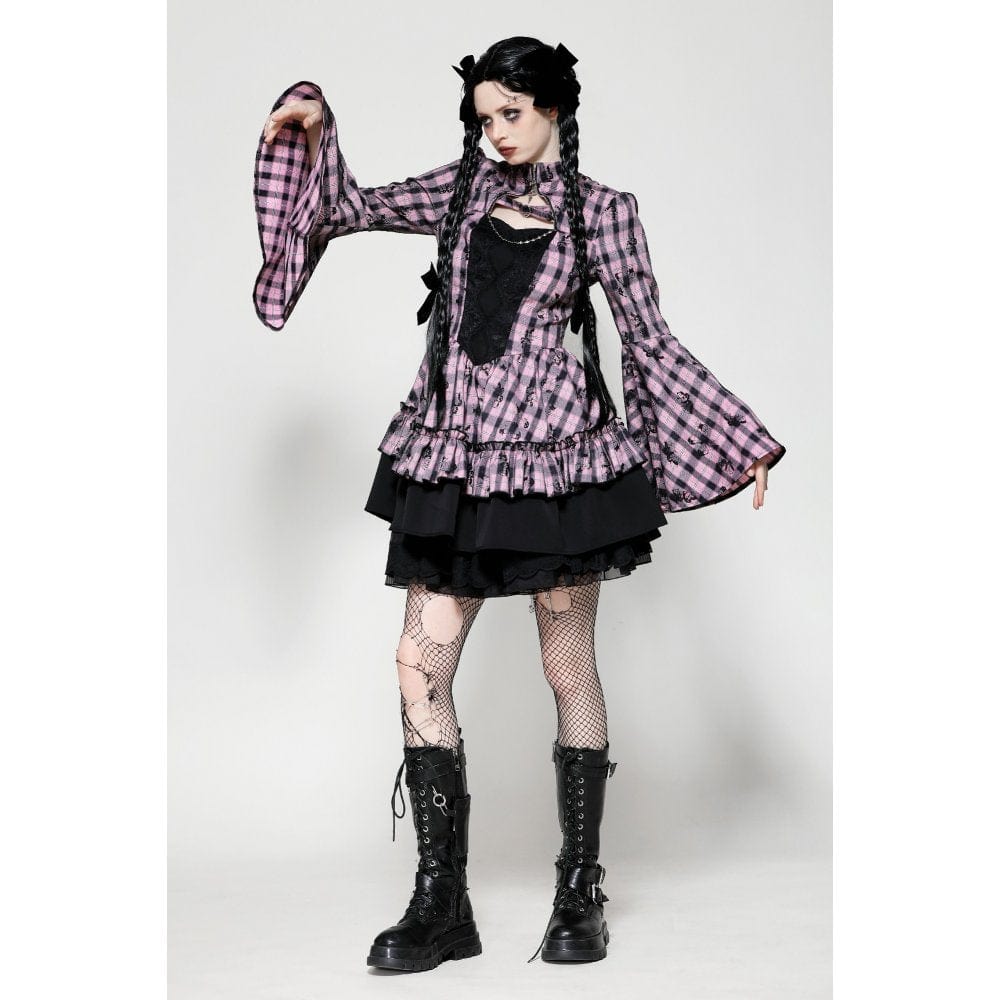 Darkinlove Women's Lolita Contrast Color Ruffled Plaid Homecoming Dress