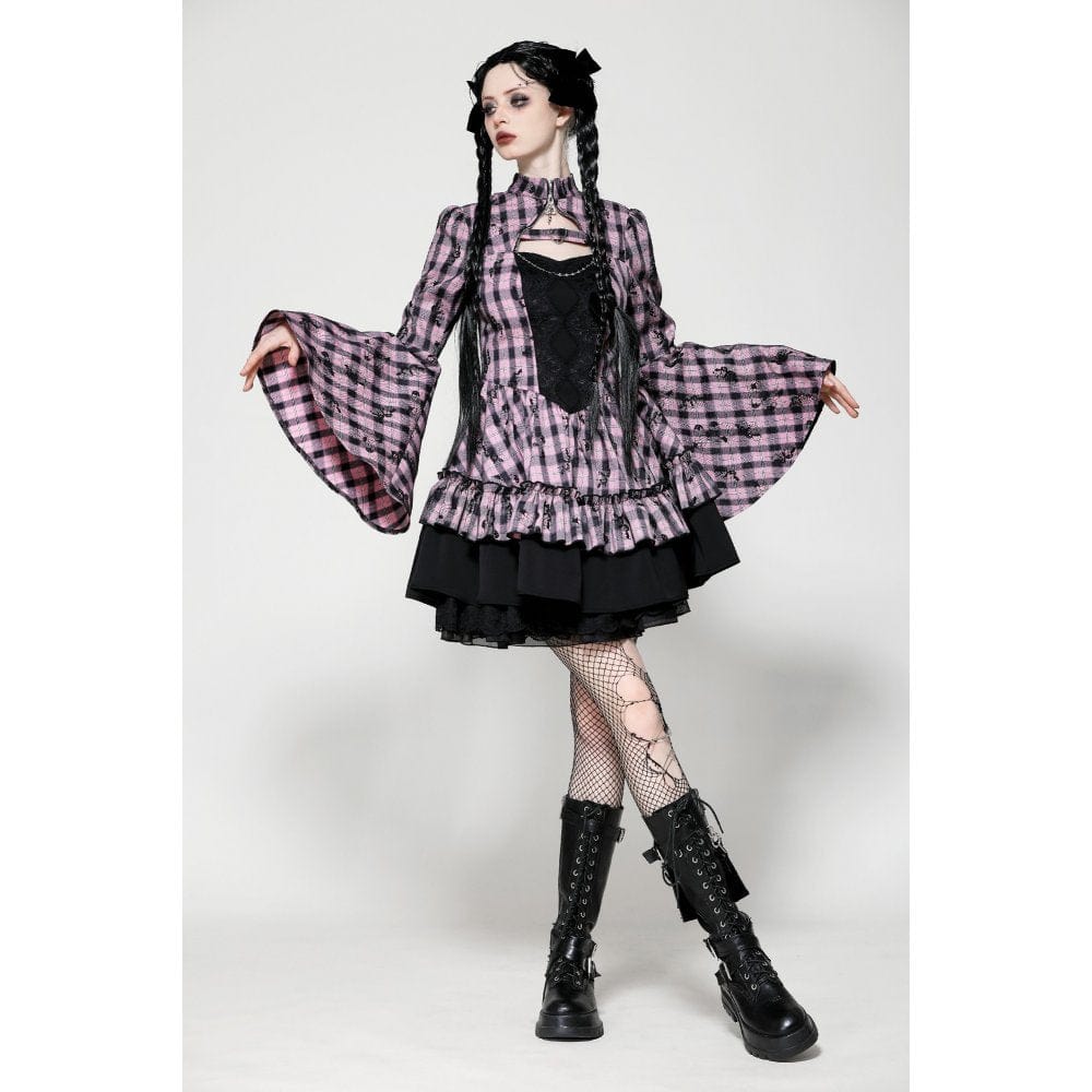 Darkinlove Women's Lolita Contrast Color Ruffled Plaid Homecoming Dress