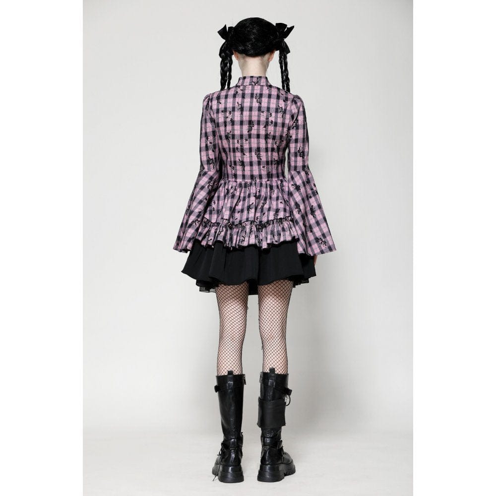 Darkinlove Women's Lolita Contrast Color Ruffled Plaid Homecoming Dress