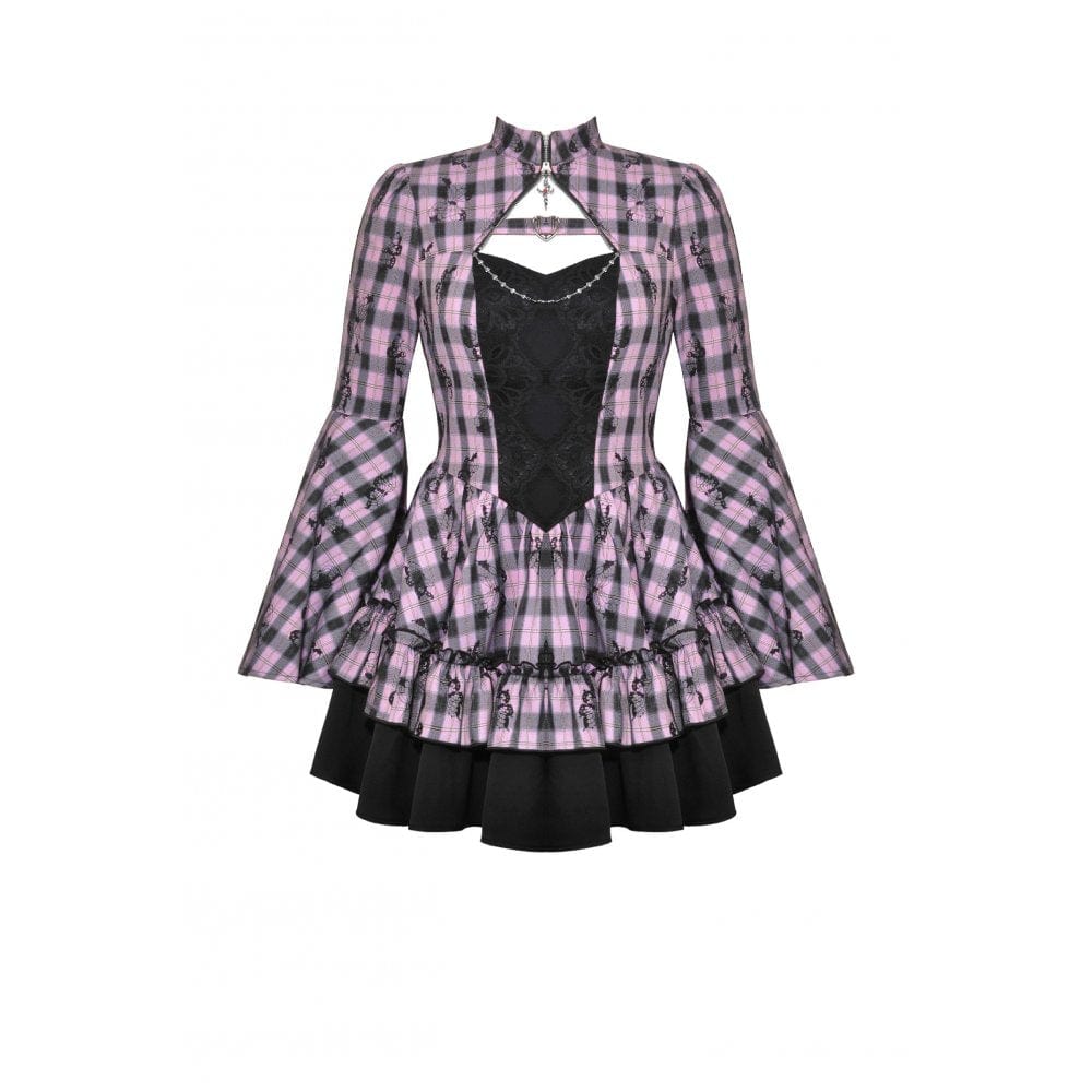 Darkinlove Women's Lolita Contrast Color Ruffled Plaid Homecoming Dress