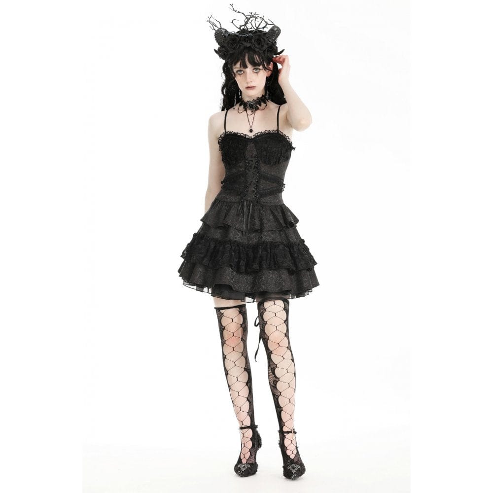 Darkinlove Women's Lolita Lace Splice Ruffled Party Slip Dress