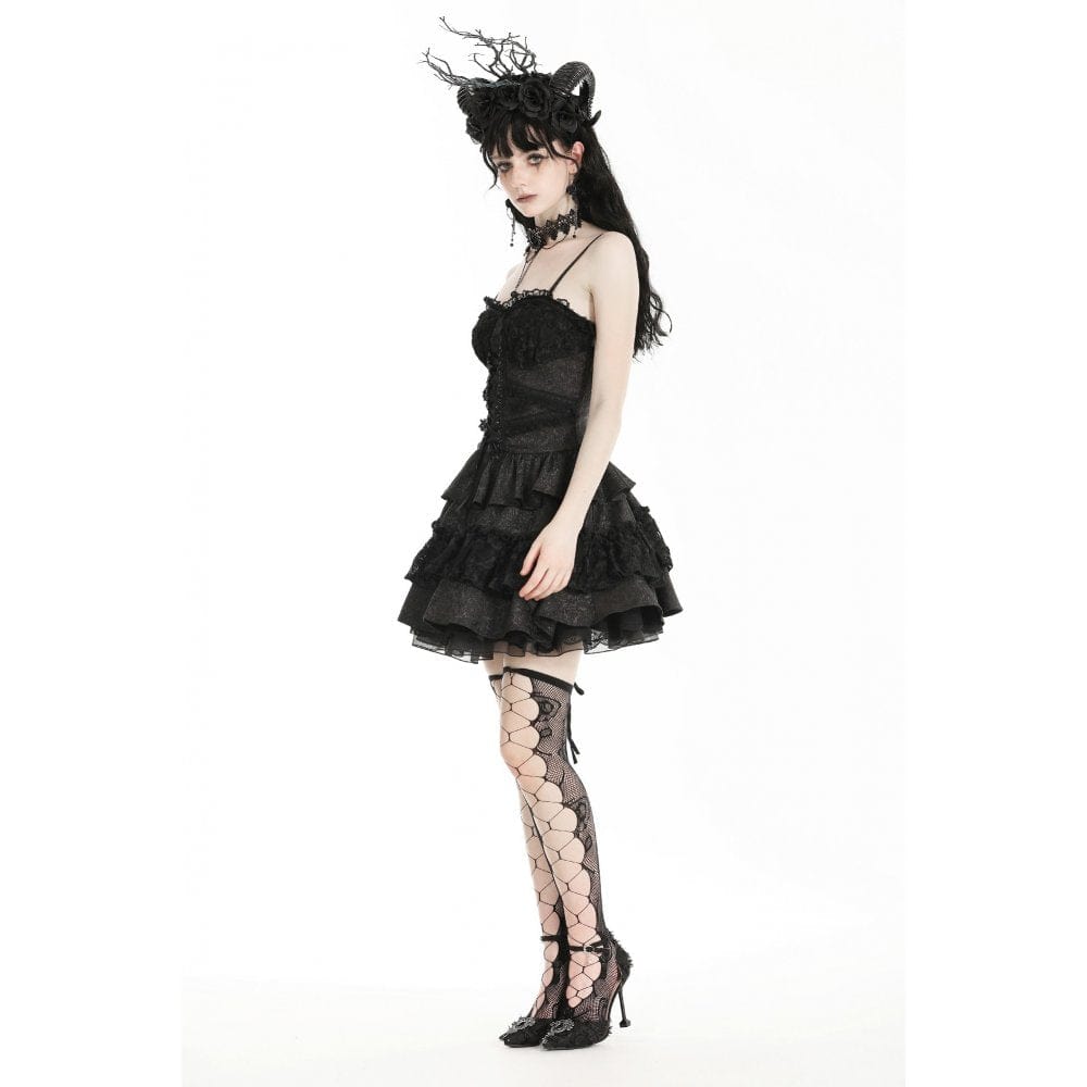 Darkinlove Women's Lolita Lace Splice Ruffled Party Slip Dress