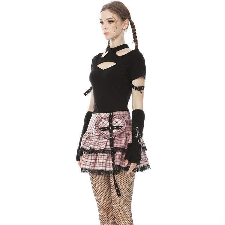 Darkinlove Women's Lolita Rock Heart Pink Plaid Mini Skirts with Lace Hem