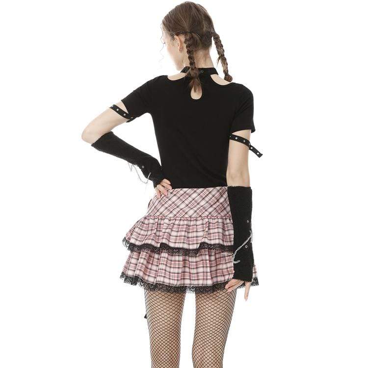 Darkinlove Women's Lolita Rock Heart Pink Plaid Mini Skirts with Lace Hem