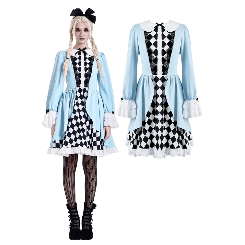 Darkinlove Women's Lolita Ruffle Argyle Pattern Doll Collar Long Sleeved Short Dress
