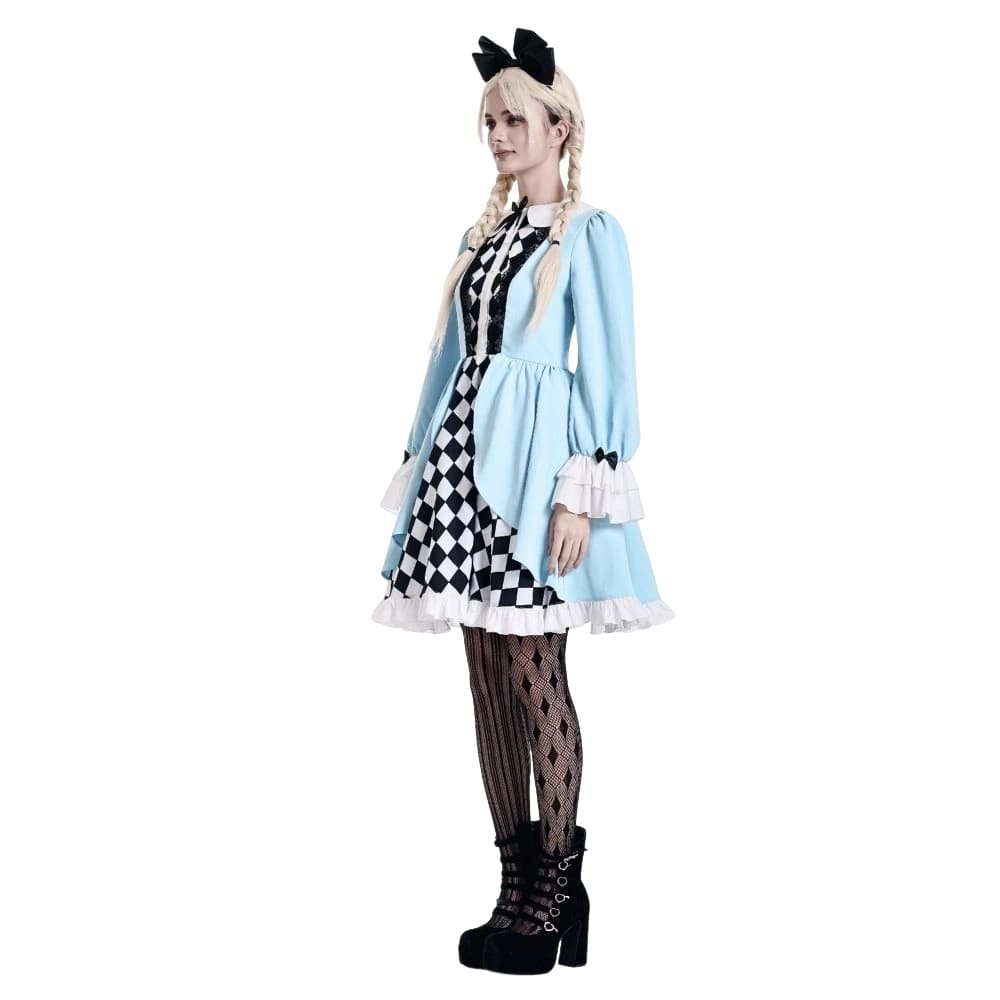 Darkinlove Women's Lolita Ruffle Argyle Pattern Doll Collar Long Sleeved Short Dress