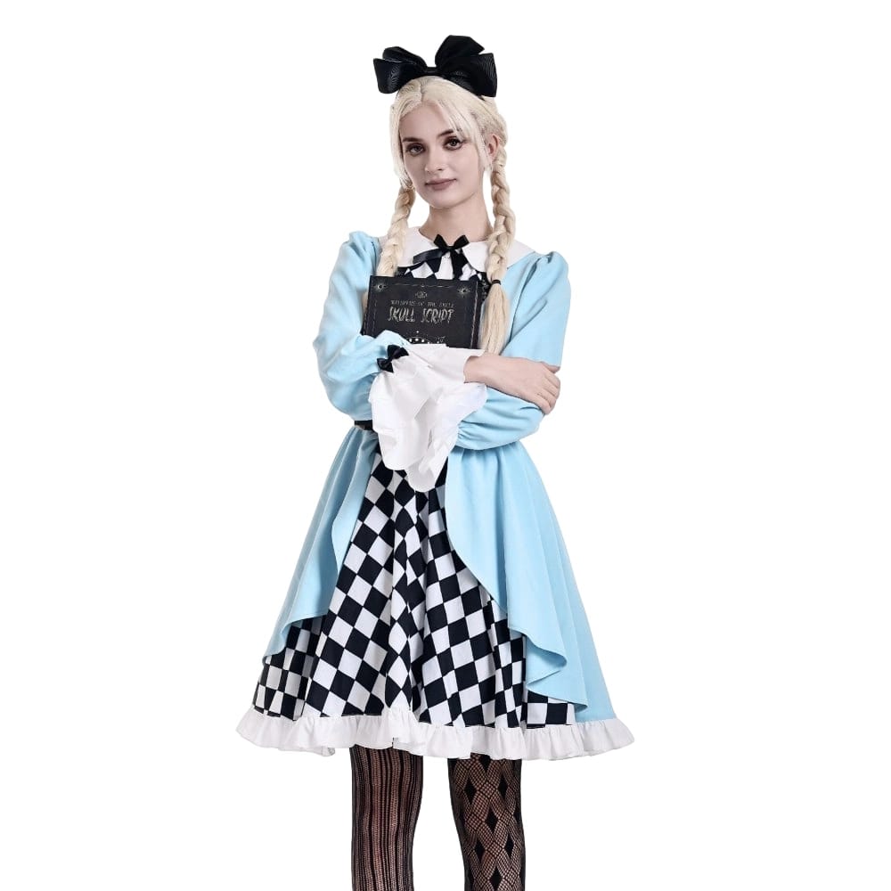 Darkinlove Women's Lolita Ruffle Argyle Pattern Doll Collar Long Sleeved Short Dress