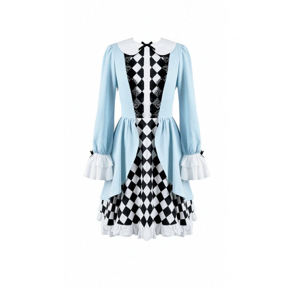 Darkinlove Women's Lolita Ruffle Argyle Pattern Doll Collar Long Sleeved Short Dress