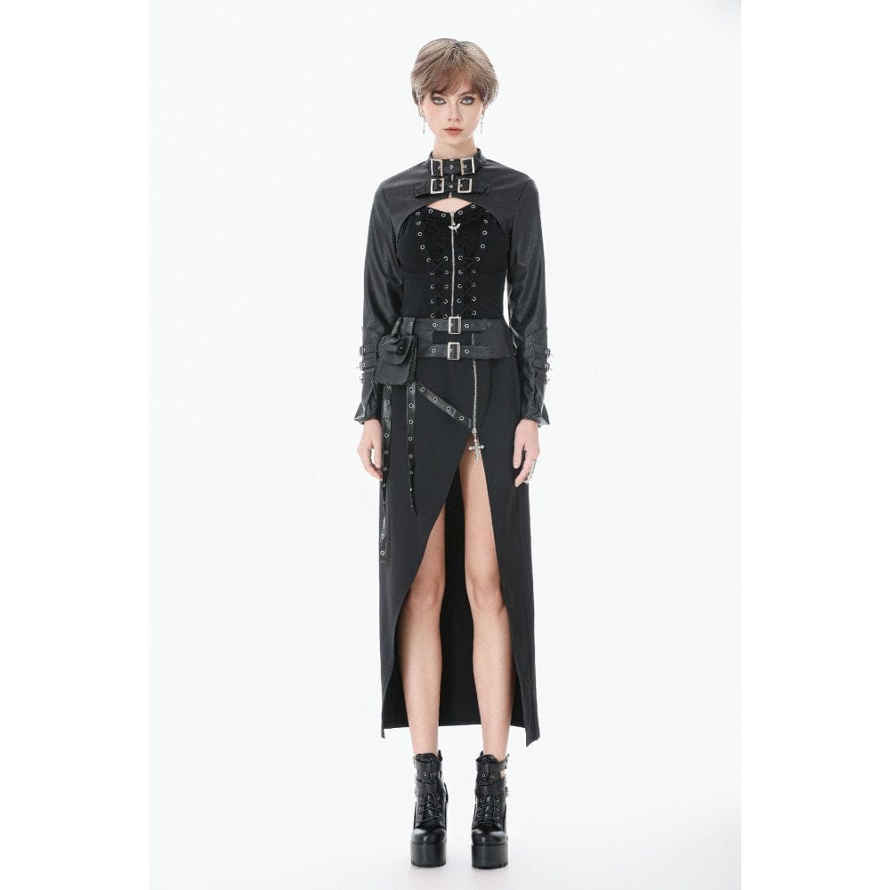 Darkinlove Women's Punk Asymmetric Eyelet Strappy Zip Long Skirt