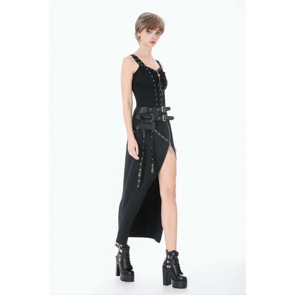 Darkinlove Women's Punk Asymmetric Eyelet Strappy Zip Long Skirt