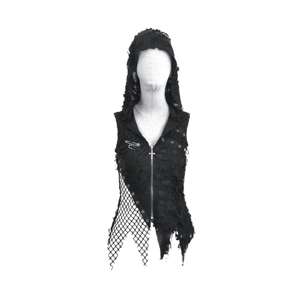 Darkinlove Women's Punk Asymmetric Ripped Hooded Top