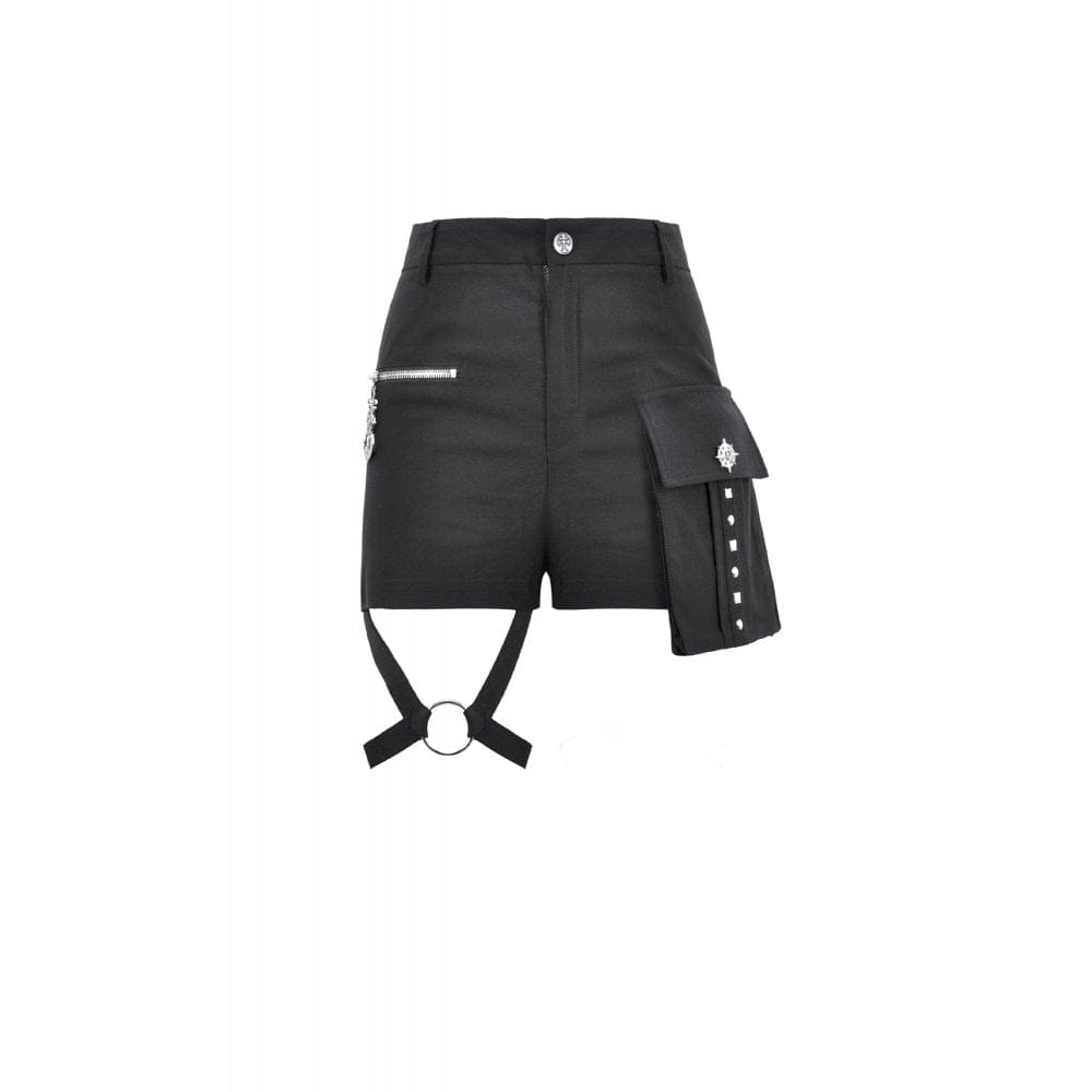 Darkinlove Women's Punk Big Pocket Zip Shorts with Leg Harness