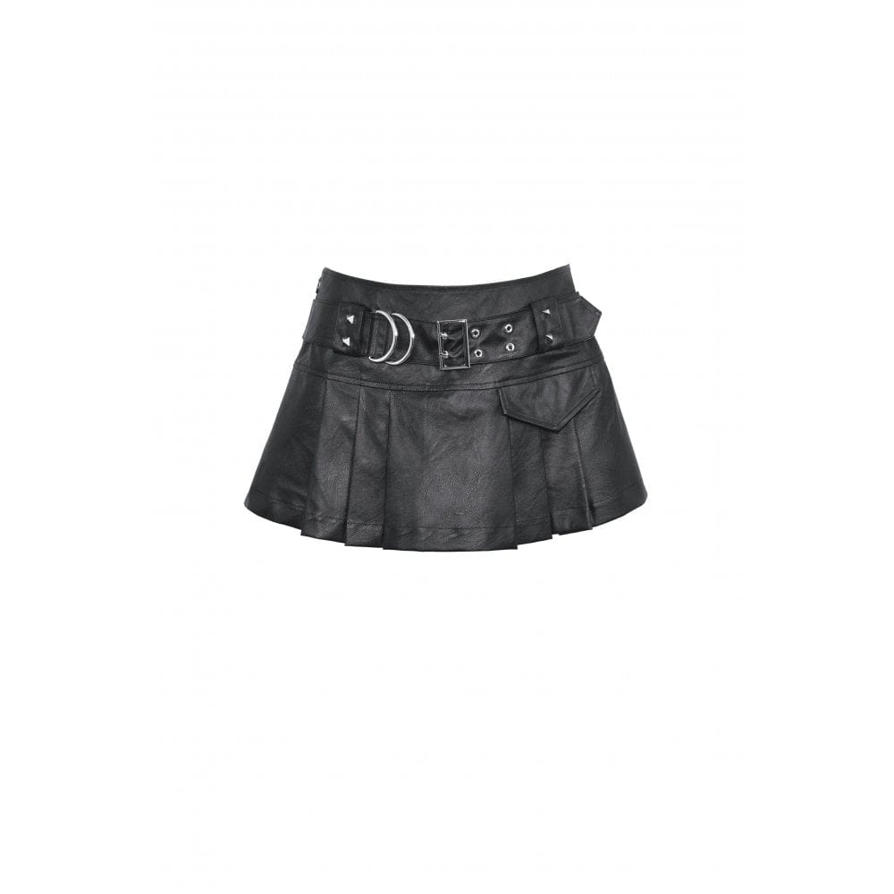 Darkinlove Women's Punk Buckle Faux Leather Pleated Skirt