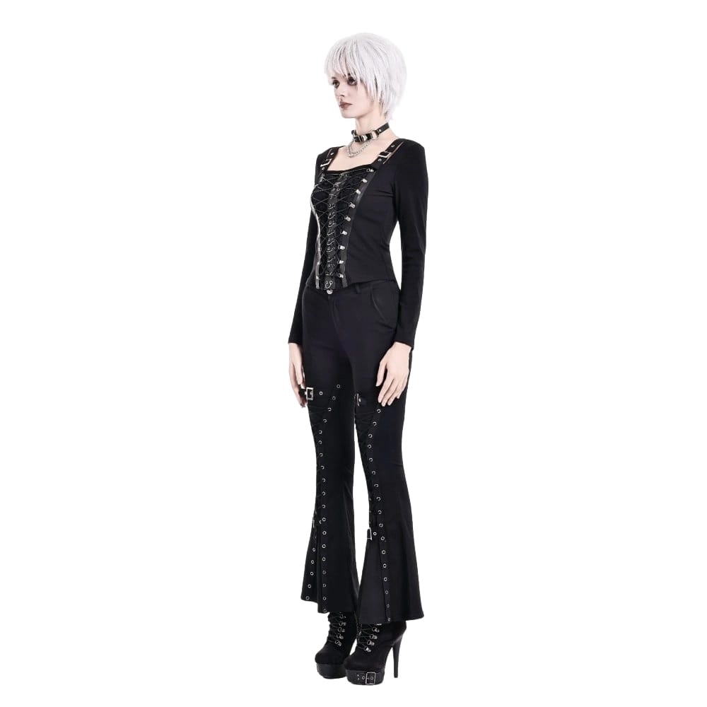 Darkinlove Women's Punk Buckle Strap Eyelet Lace-up Flare Pants