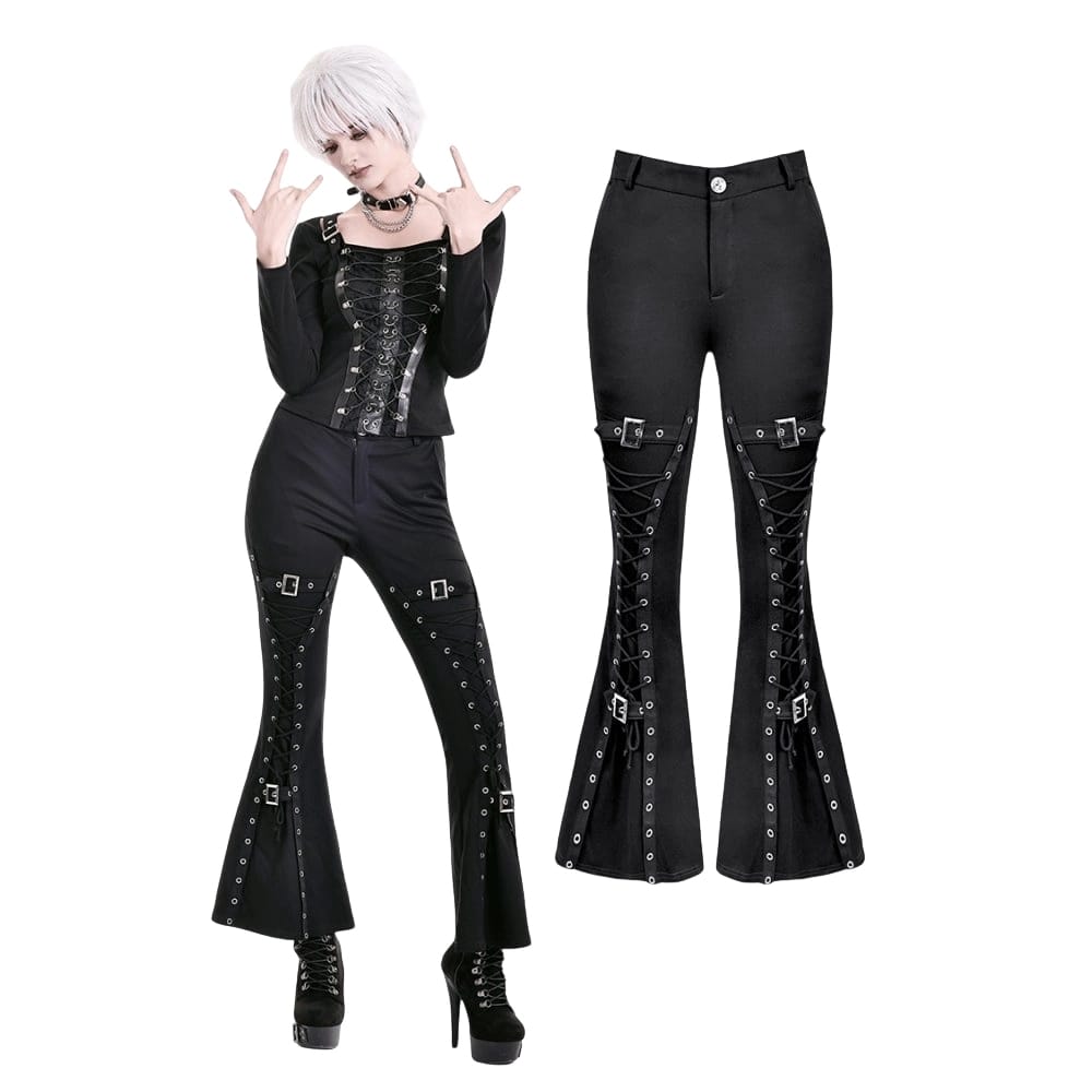 Darkinlove Women's Punk Buckle Strap Eyelet Lace-up Flare Pants