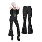 Darkinlove Women's Punk Buckle Strap Eyelet Lace-up Flare Pants