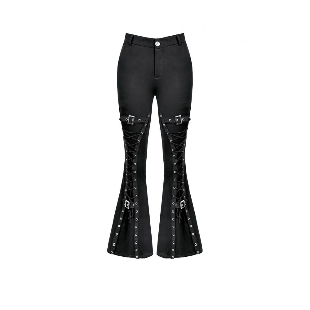 Darkinlove Women's Punk Buckle Strap Eyelet Lace-up Flare Pants