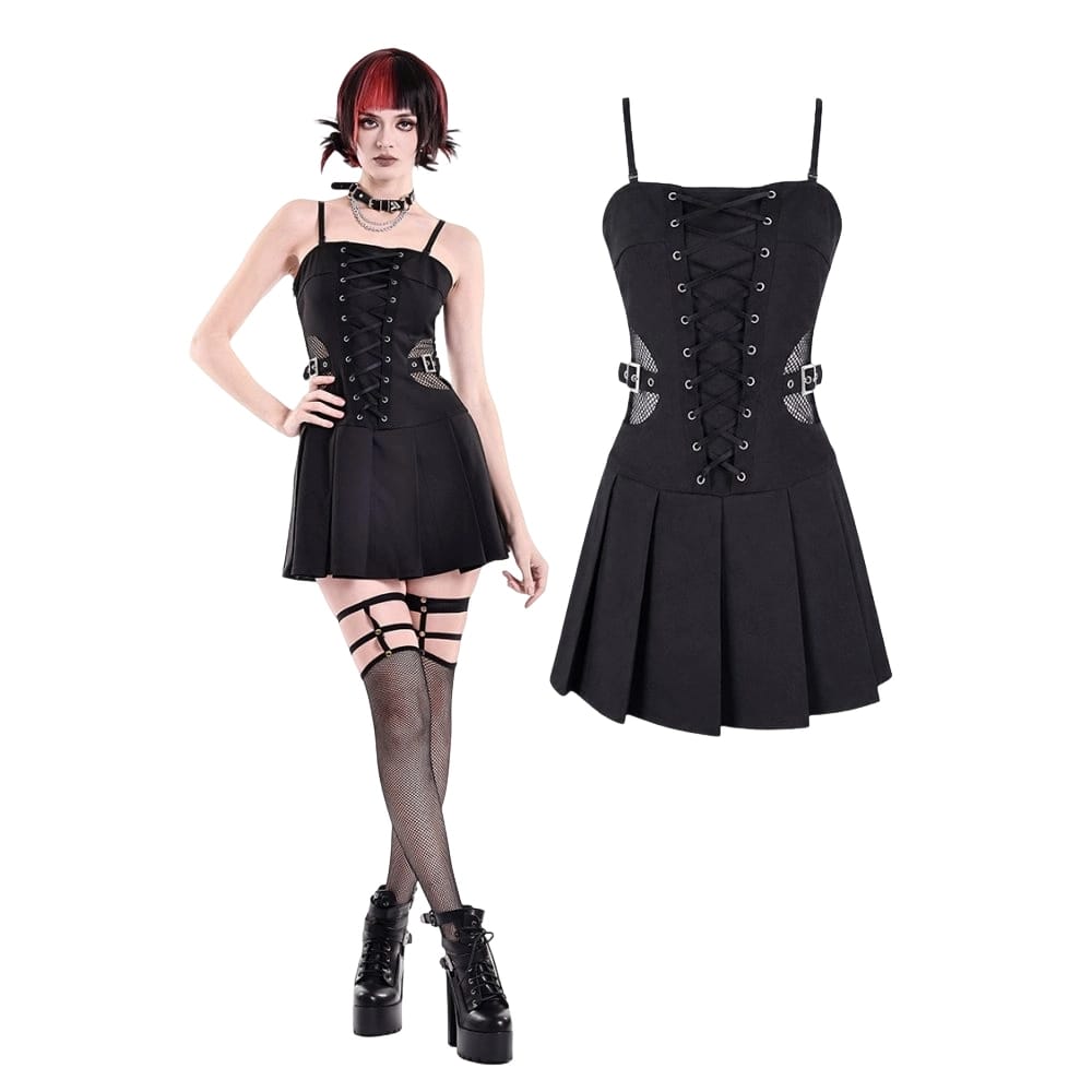 Darkinlove Women's Punk Buckle Strap Mesh Splice Pleated Hem Slip Dress