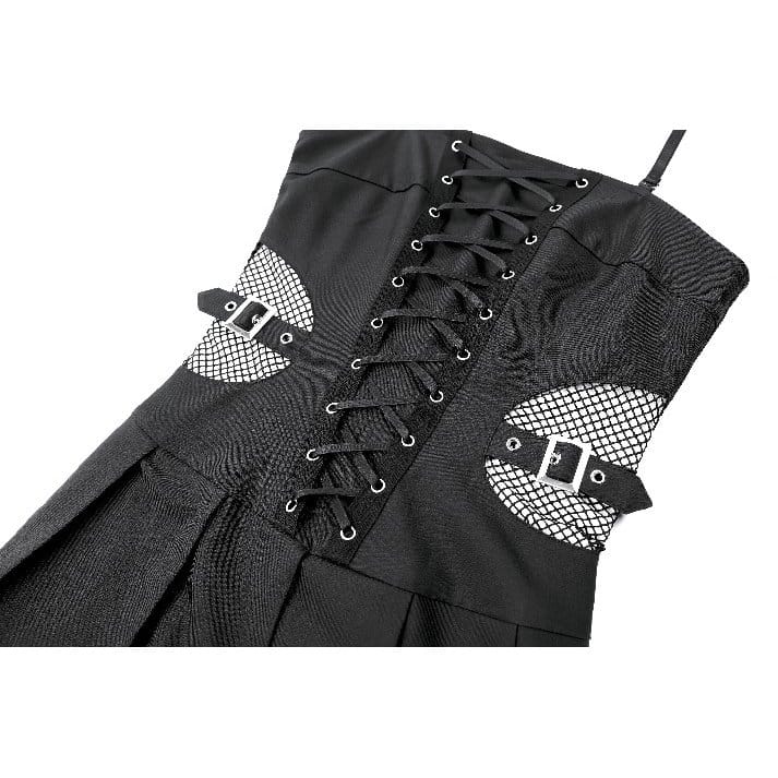 Darkinlove Women's Punk Buckle Strap Mesh Splice Pleated Hem Slip Dress