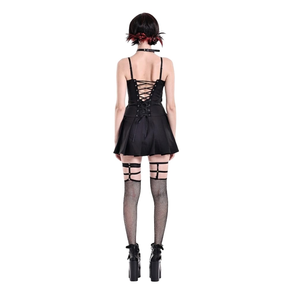 Darkinlove Women's Punk Buckle Strap Mesh Splice Pleated Hem Slip Dress