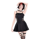 Darkinlove Women's Punk Buckle Strap Mesh Splice Pleated Hem Slip Dress