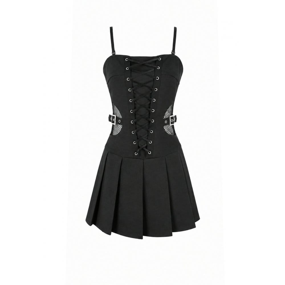 Darkinlove Women's Punk Buckle Strap Mesh Splice Pleated Hem Slip Dress