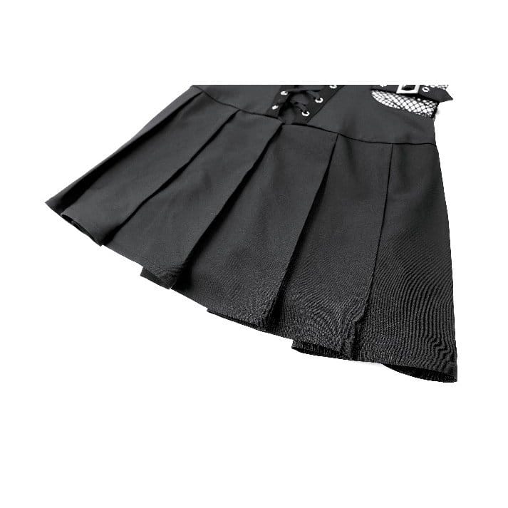 Darkinlove Women's Punk Buckle Strap Mesh Splice Pleated Hem Slip Dress