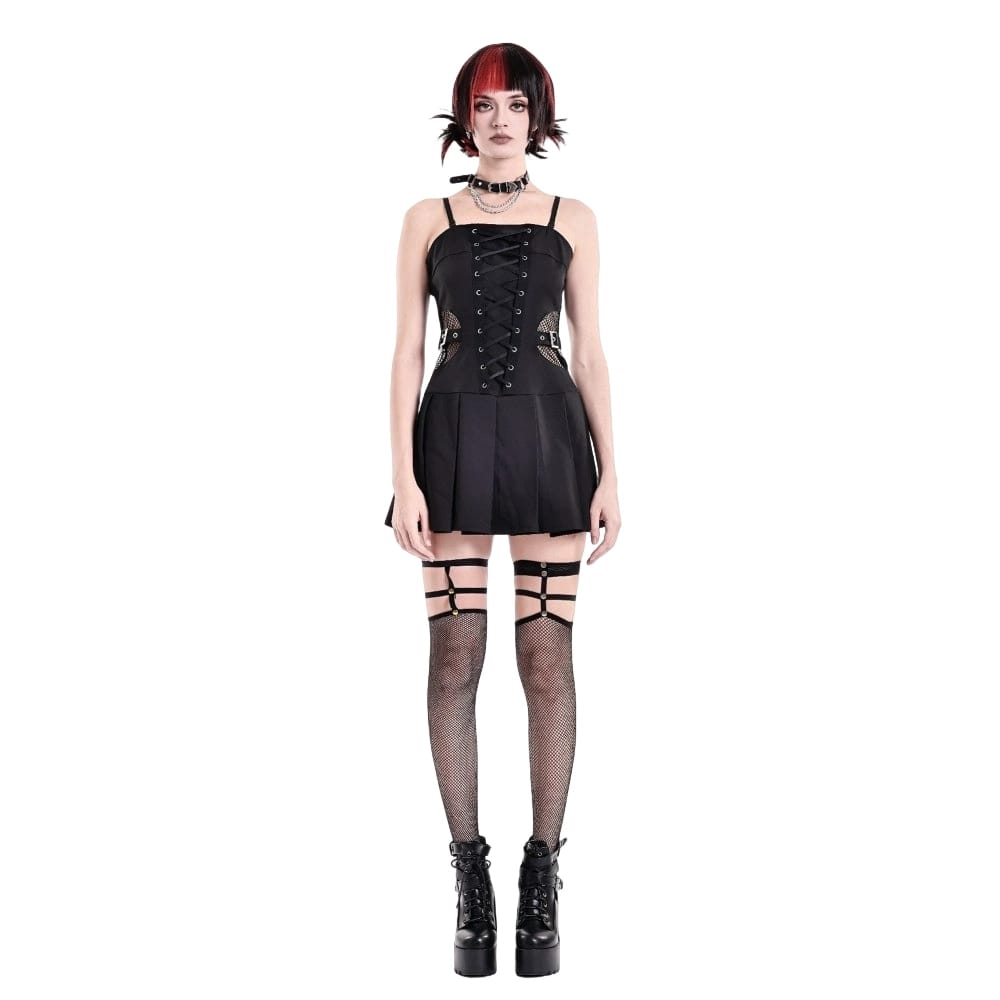 Darkinlove Women's Punk Buckle Strap Mesh Splice Pleated Hem Slip Dress