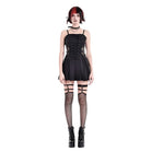Darkinlove Women's Punk Buckle Strap Mesh Splice Pleated Hem Slip Dress