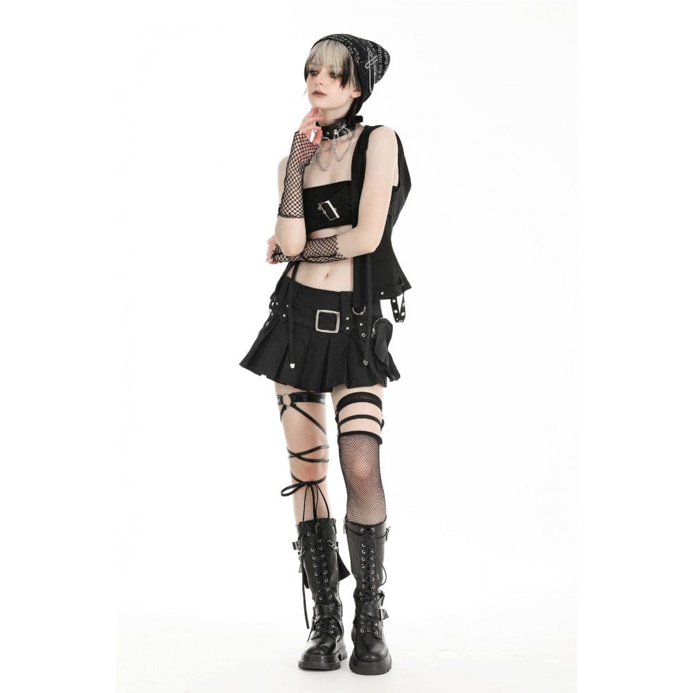 Darkinlove Women's Punk Buckle Strap Vest with Hood