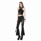 Darkinlove Women's Punk Buckle Straps Mesh Patchwork Flare Pants