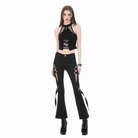 Darkinlove Women's Punk Buckle Straps Mesh Patchwork Flare Pants