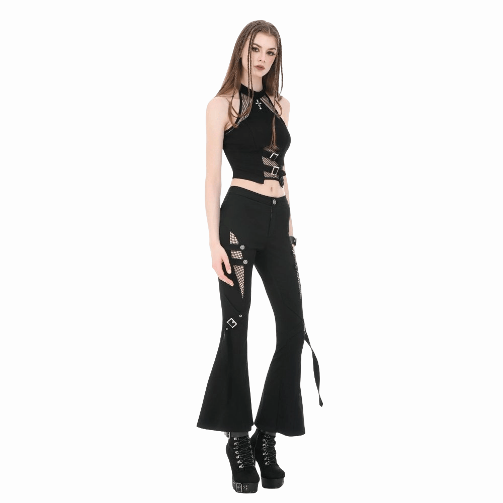 Darkinlove Women's Punk Buckle Straps Mesh Patchwork Flare Pants