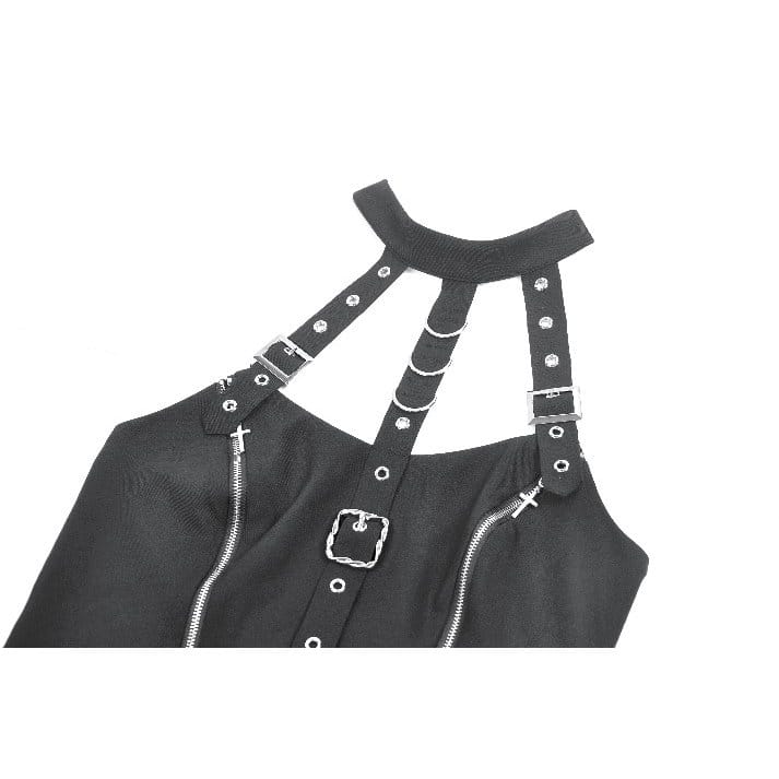 Darkinlove Women's Punk Buckle Straps Zippers Halter Dress