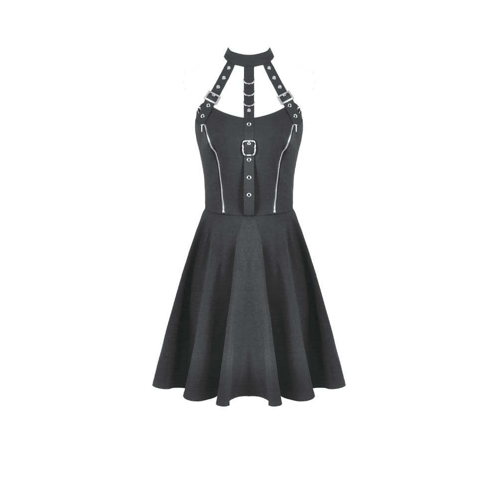 Darkinlove Women's Punk Buckle Straps Zippers Halter Dress