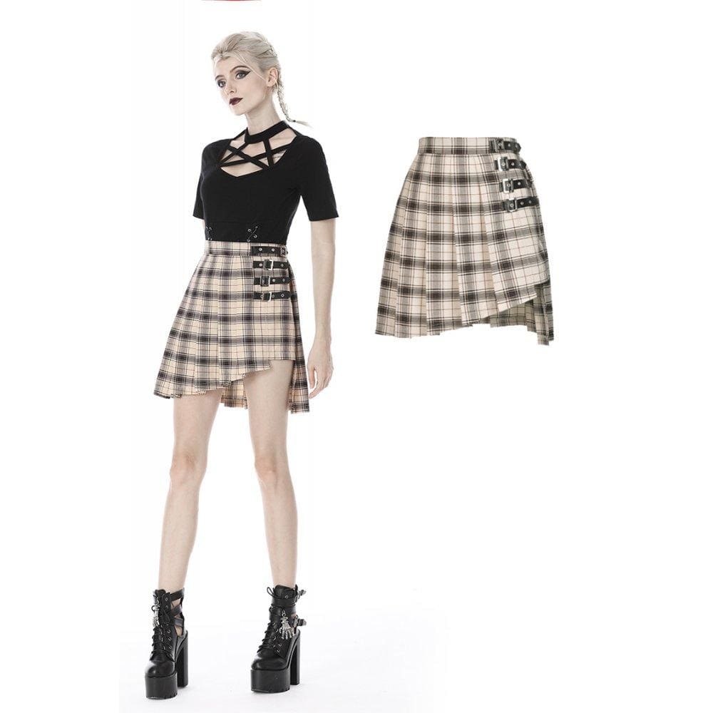 Darkinlove Women's Punk Checked Belts Plaid Pleated Short Skirts