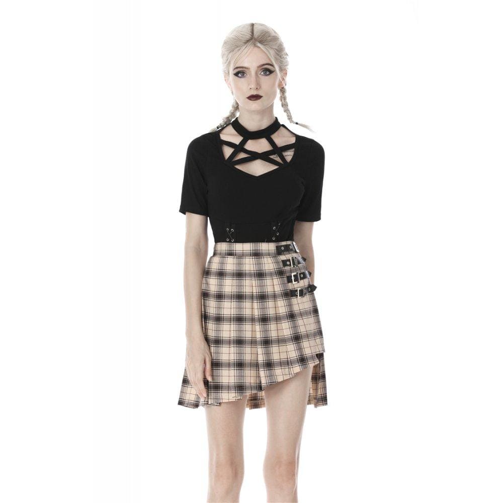 Darkinlove Women's Punk Checked Belts Plaid Pleated Short Skirts