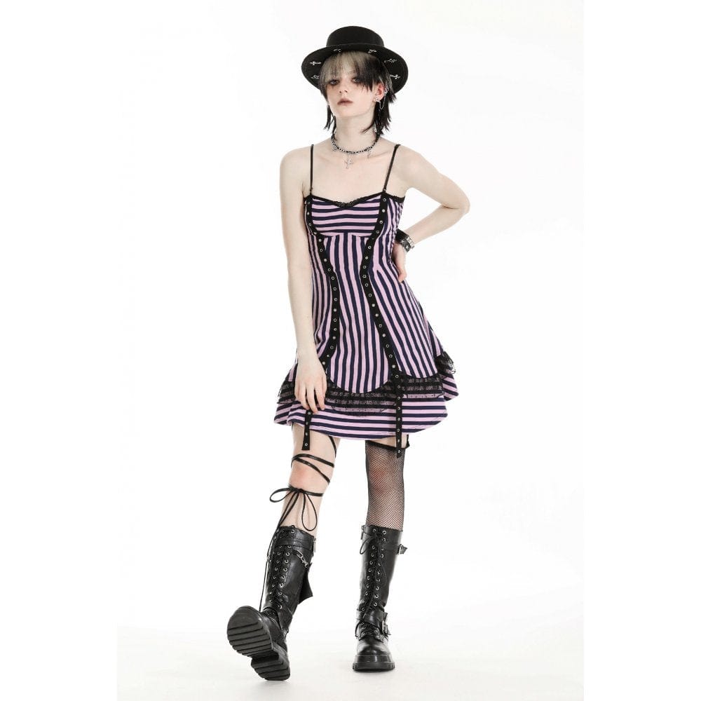 Darkinlove Women's Punk Contrast Color Striped Music Festival Slip Dress