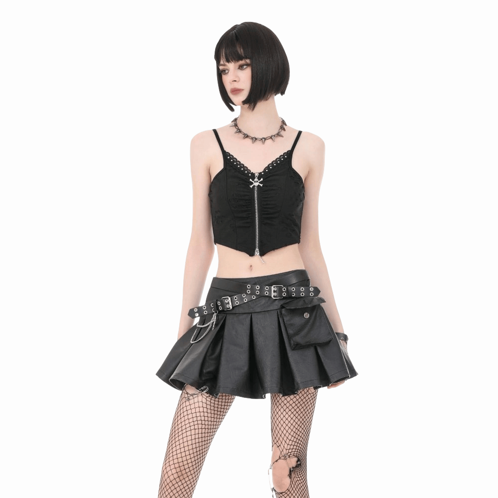 Darkinlove Women's Punk Cross Belt Chained Pleated Skirt