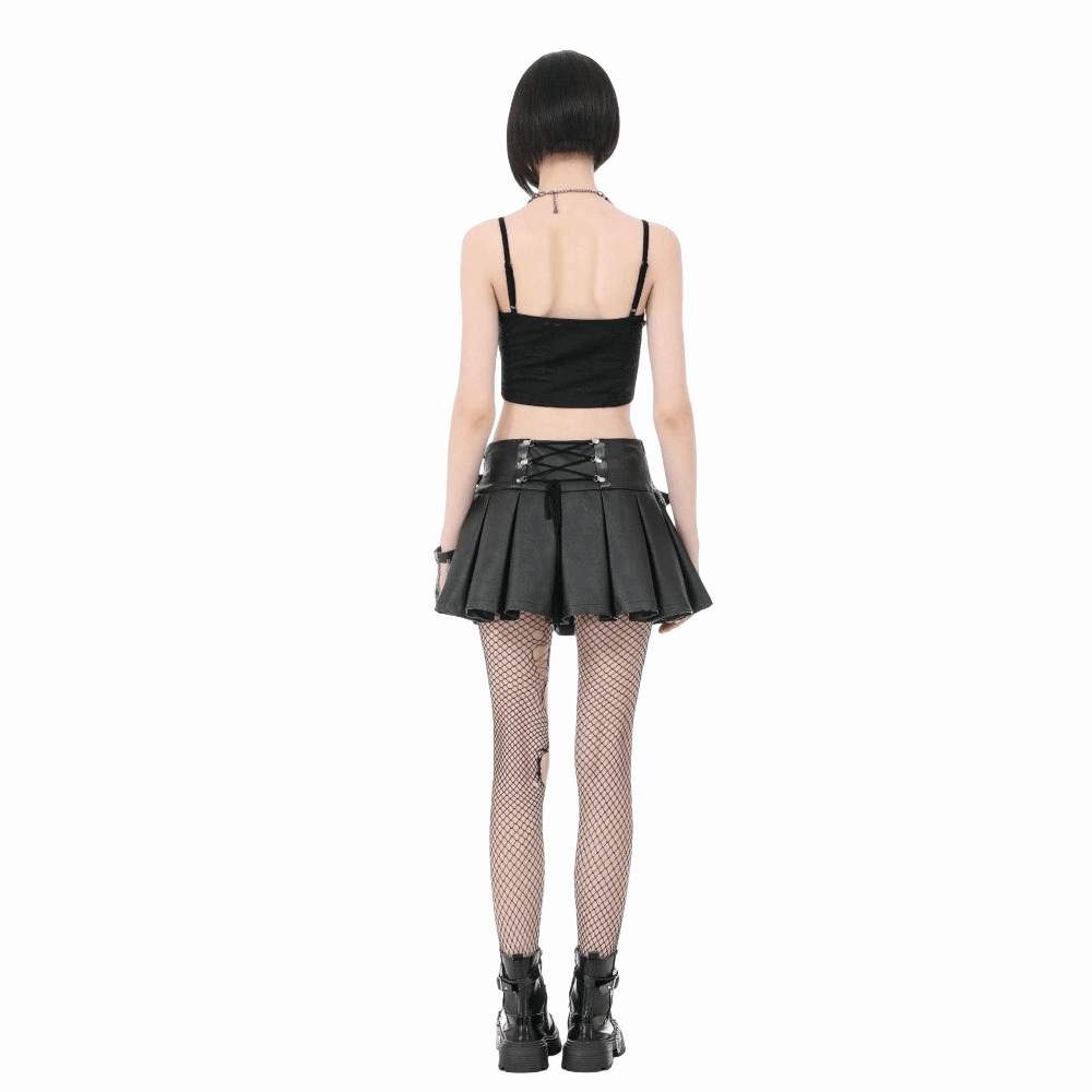 Darkinlove Women's Punk Cross Belt Chained Pleated Skirt