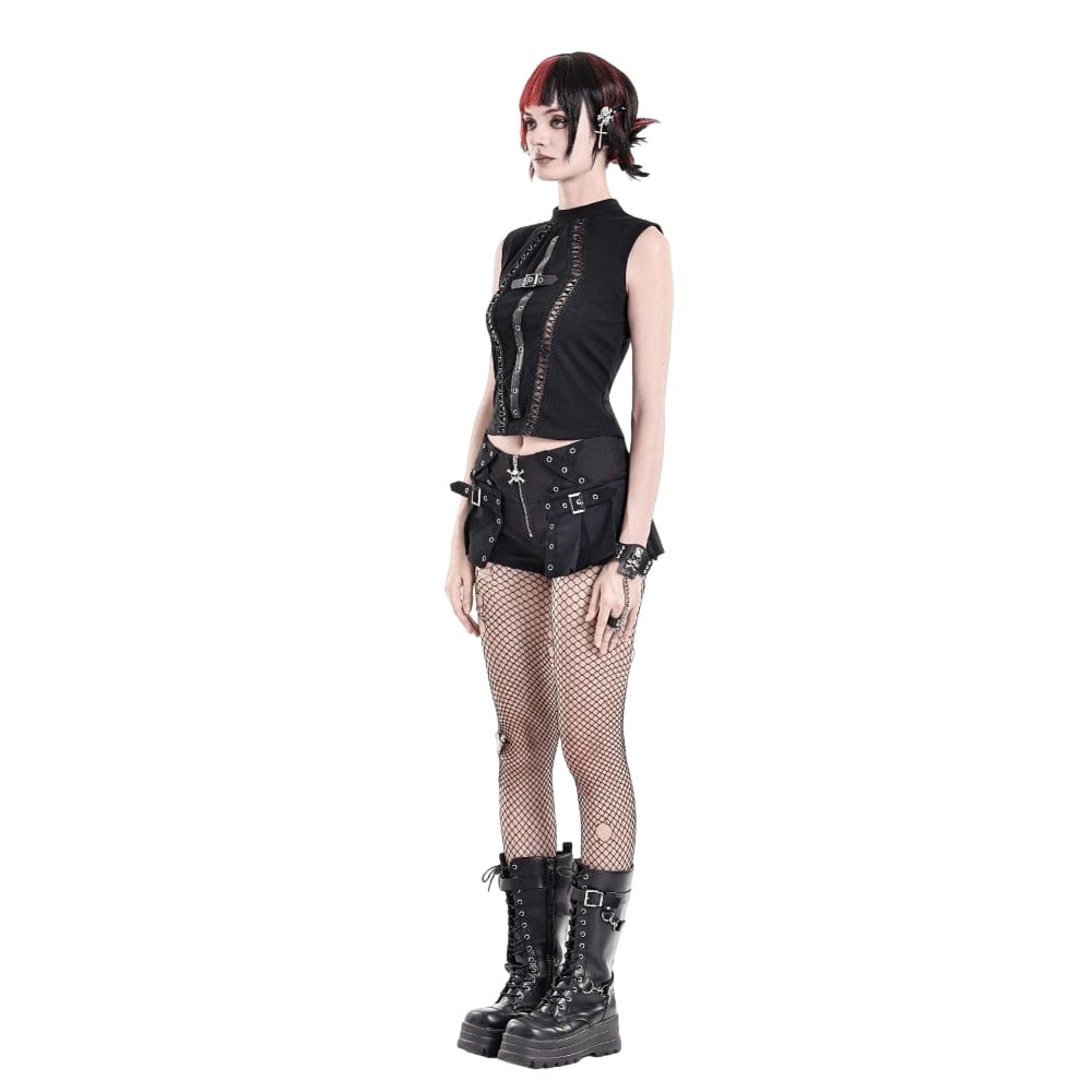 Darkinlove Women's Punk Cross Cutout Mock Neck Sleeveless Top